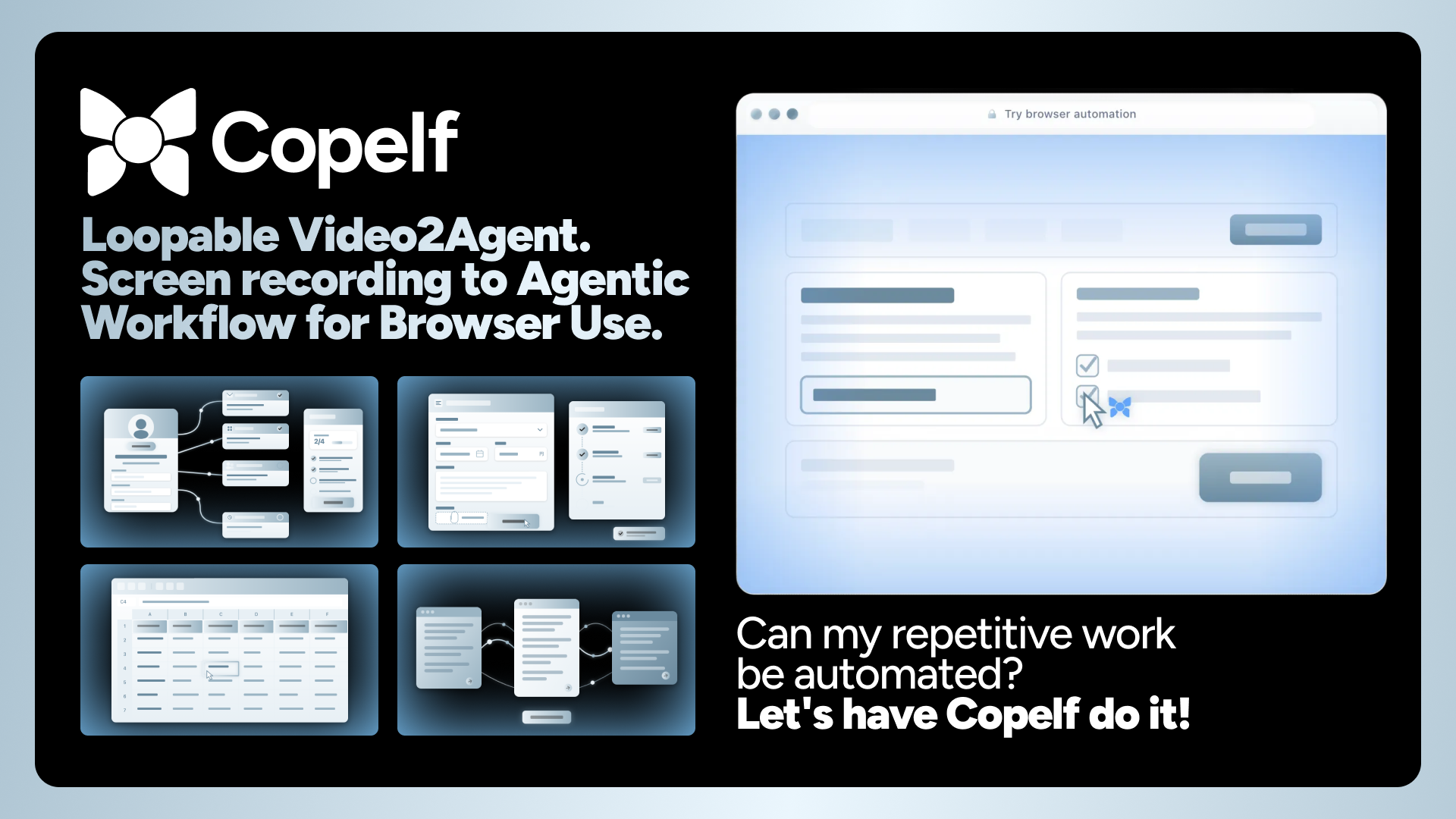 Copelf — Loopable Video2Agent. Screen recording to Agentic Workflow for Browser Use.
